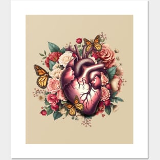 Anantomy Heart watercolor, floral human heart illustration art, flowers, roses, butterflies and floral anatomy art Posters and Art